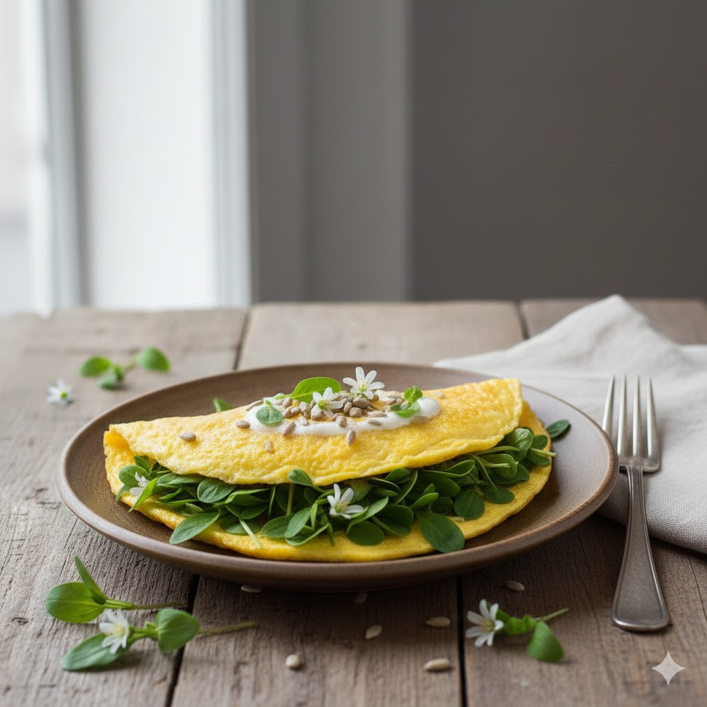 Omletă nutritivă umplută cu rocoină proaspătă și semințe, o idee de mic dejun sănătos cu plante sălbatice.