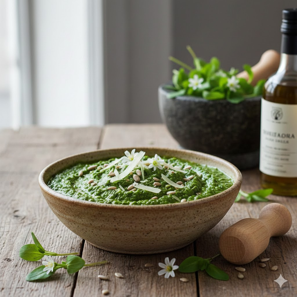 Pesto de rocoină (Stellaria media) cu semințe de floarea soarelui, parmezan și ulei de măsline în bol de ceramică.
