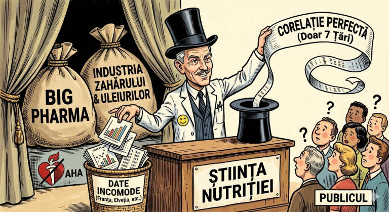 Caricatură satirică ilustrând dogmele nutriției moderne: Un magician (Ancel Keys) trage o corelație fabricată dintr-un joben, în timp ce aruncă datele incomode într-un coș de gunoi etichetat cu Franța și Elveția, sub supravegherea banilor de la Big Pharma și Industria Zahărului.