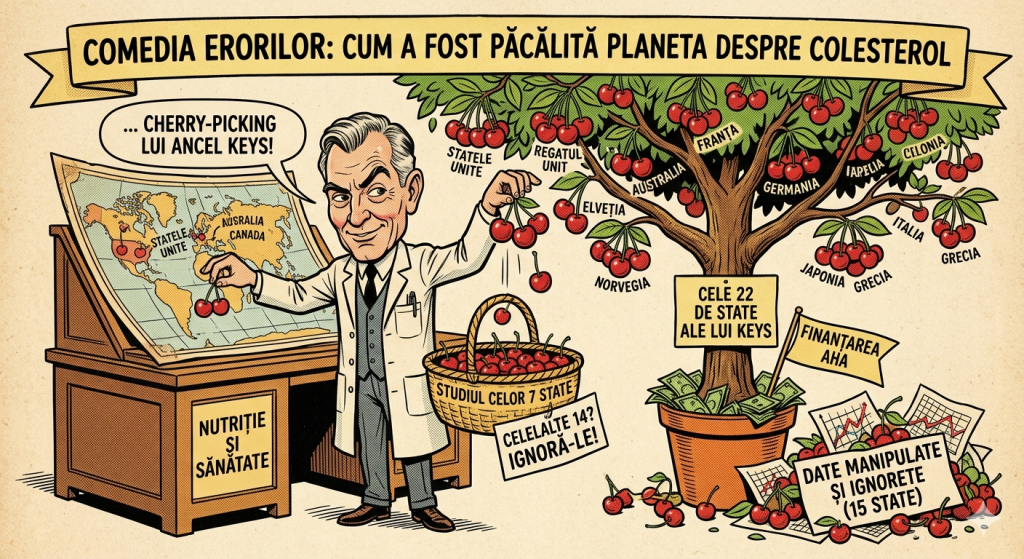 Caricatură satirică cu Ancel Keys ca un magician care aruncă datele nutriționale incomode la gunoi și promovează Studiul celor 7 Țări, susținut de saci de bani de la industria farmaceutică și a zahărului.