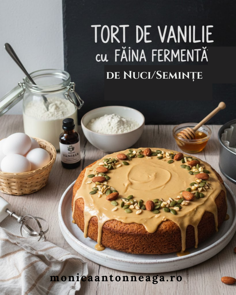 Tort de vanilie fără gluten, cu blat din făină de migdale fermentată, decorat cu migdale și semințe.