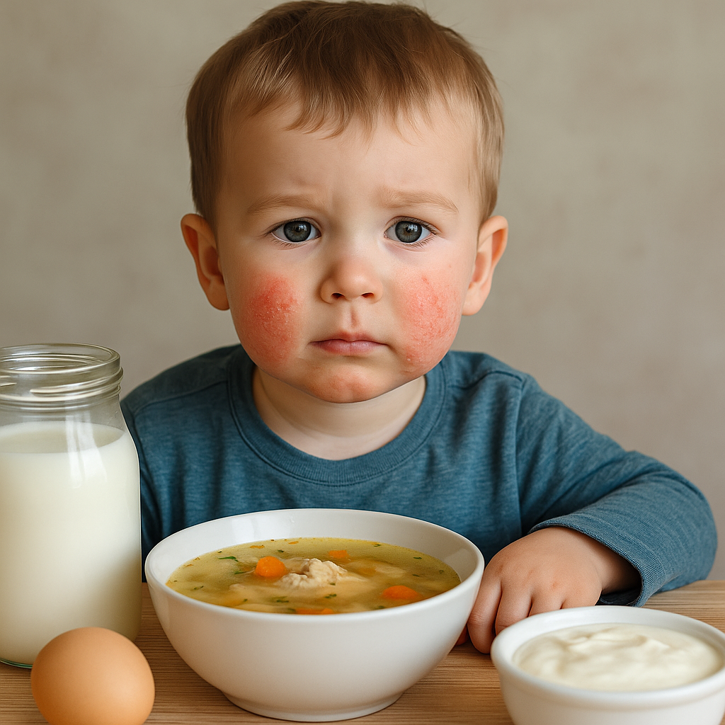 Copil mic, în jur de 2 ani, cu dermatită vizibilă pe obraji, așezat la o masă cu supă de carne, ou, lapte crud și smântână – alimente reprezentative în dieta GAPS pentru susținerea pielii și a intestinului.