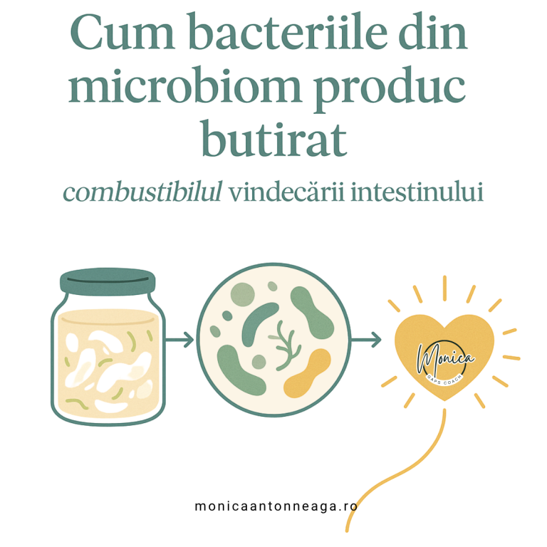 Imagine simbolică care arată cum fermentatele vii susțin bacteriile benefice din microbiom pentru a produce butirat, combustibilul vindecării intestinului.