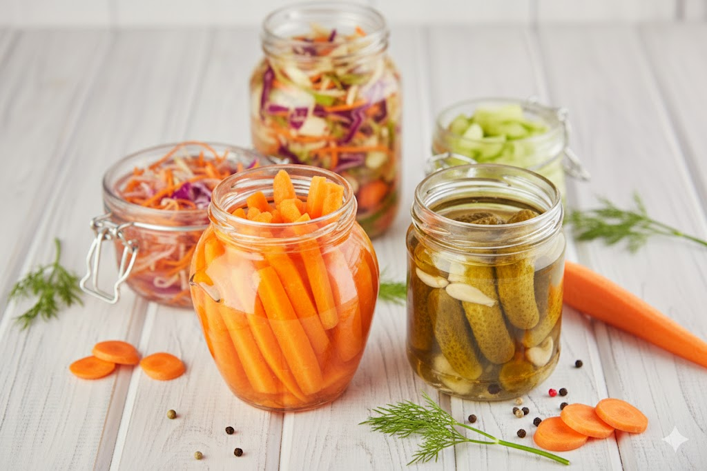Legume fermentate în borcane – morcovi, varză și castraveți murați, pentru susținerea digestiei și a microbiomului.