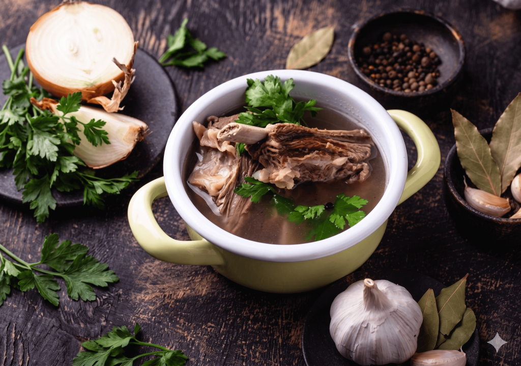 Supă de carne (Meat Stock) bogată în colagen, pregătită conform protocolului GAPS pentru vindecarea mucoasei gastrice.