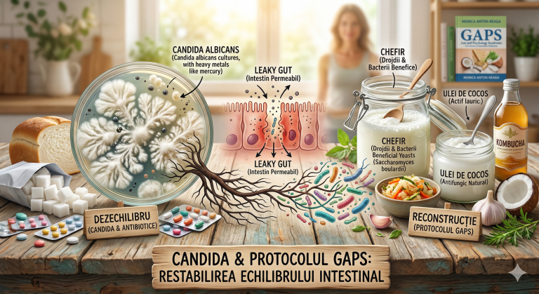 Compoziție vizuală care explică Protocolul GAPS și restabilirea echilibrului intestinal împotriva Candidei. Pe masă sunt afișate alimente (chefir, ulei cocos), o placă cu un intestin permeabil și o alta cu colonii de Candida, toate unite de un sistem de rădăcini care se vindecă.